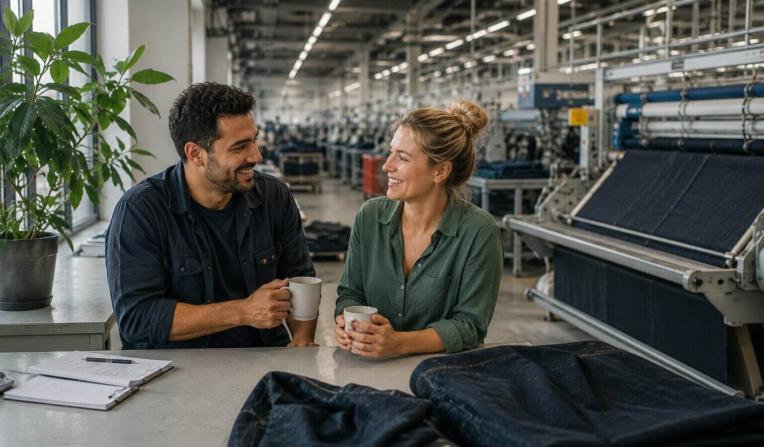 Collega's drinken koffie aan een tafel in het magzijn. Ze lachen vriendelijk.