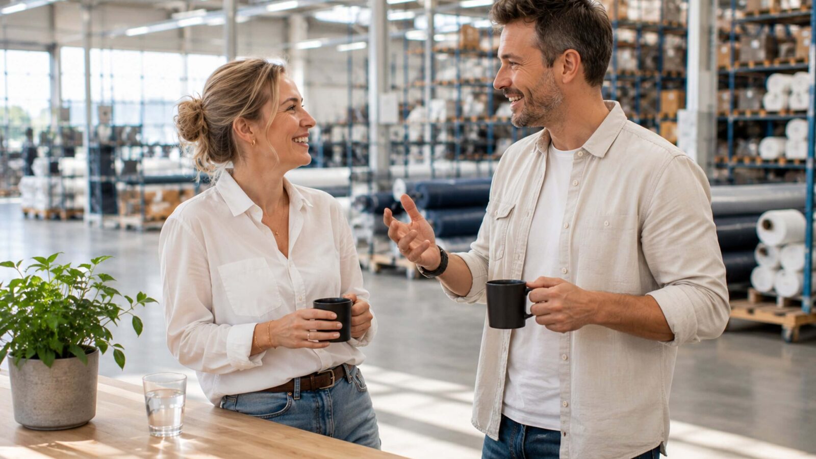 Collega's drinken samen koffie aan een vergader tafel.